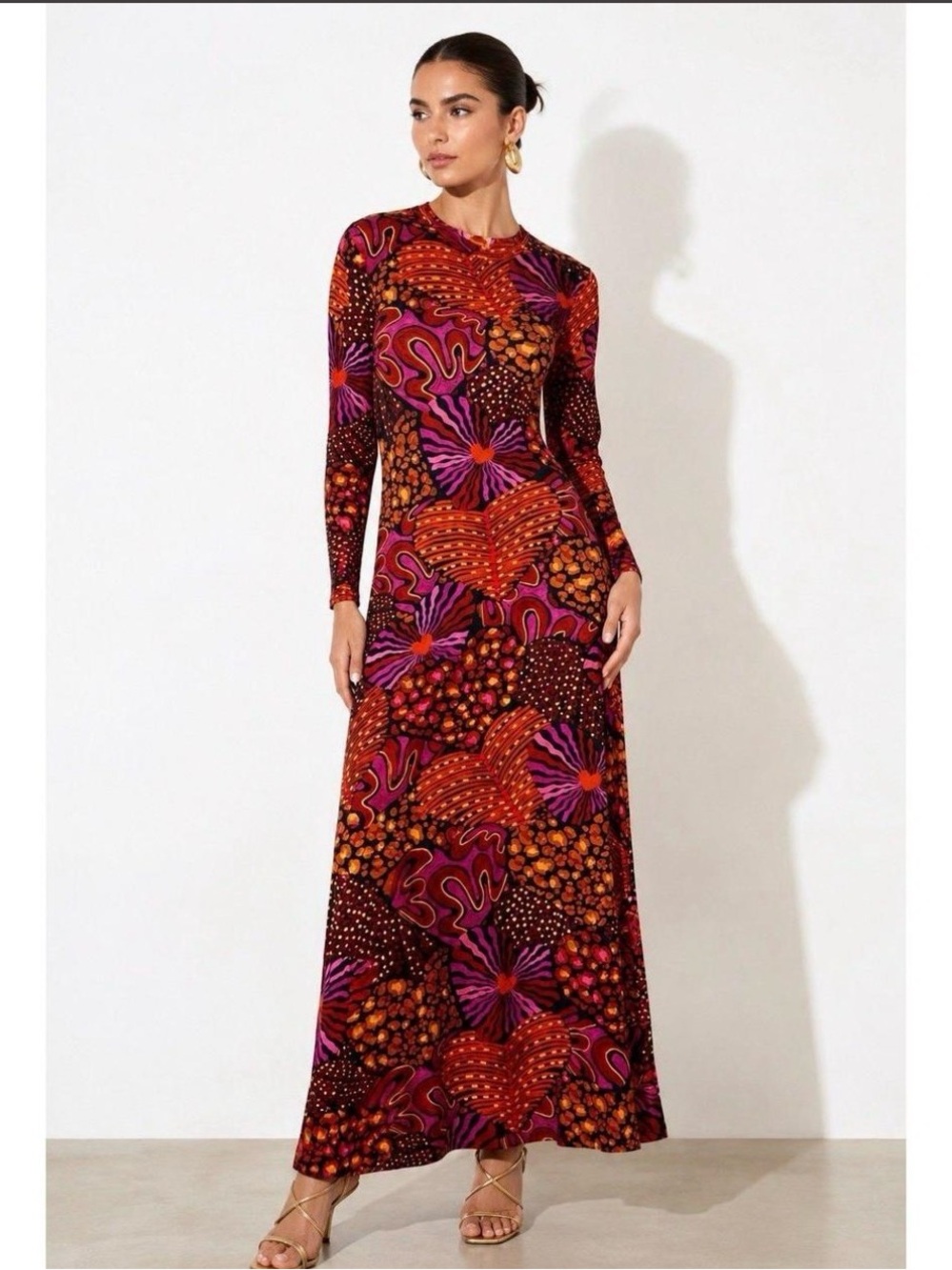 FARM Rio Red and Purple Long-Sleeve Abstract Floral Maxi Dress